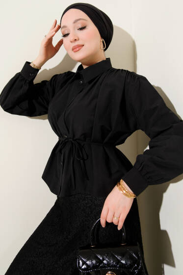 Omuz Büzgülü Kuşaklı Kısa Gömlek Siyah - Gömlek