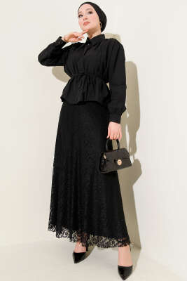 Omuz Büzgülü Kuşaklı Kısa Gömlek Siyah - Gömlek