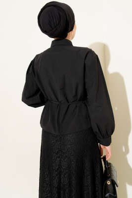 Omuz Büzgülü Kuşaklı Kısa Gömlek Siyah - Gömlek