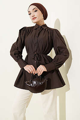 Omuz Büzgülü Kuşaklı Poplin Gömlek Acı Kahve - DUFON