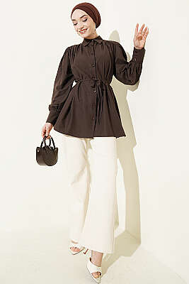 Omuz Büzgülü Kuşaklı Poplin Gömlek Acı Kahve - Gömlek