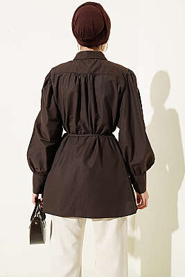 Omuz Büzgülü Kuşaklı Poplin Gömlek Acı Kahve - Gömlek