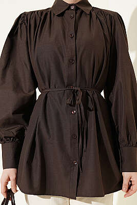 Omuz Büzgülü Kuşaklı Poplin Gömlek Acı Kahve - Gömlek