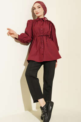 Omuz Büzgülü Kuşaklı Poplin Gömlek Bordo - 500-700 TL Ürünler