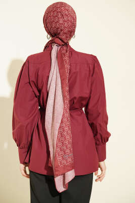 Omuz Büzgülü Kuşaklı Poplin Gömlek Bordo - 500-700 TL Ürünler