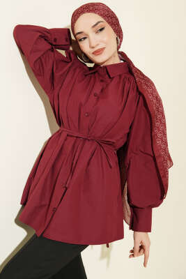 Omuz Büzgülü Kuşaklı Poplin Gömlek Bordo - DUFON