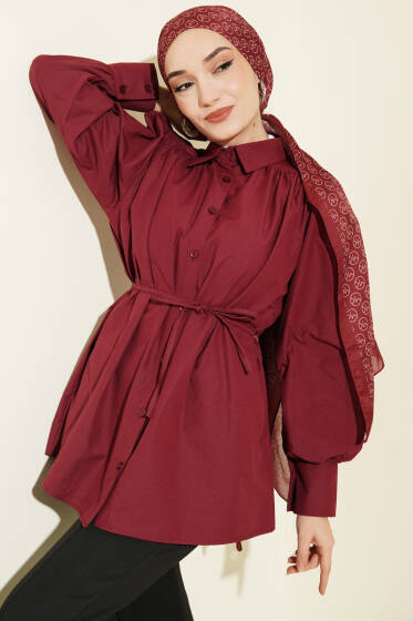 Omuz Büzgülü Kuşaklı Poplin Gömlek Bordo - Gömlek
