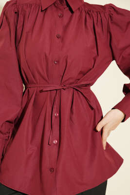Omuz Büzgülü Kuşaklı Poplin Gömlek Bordo - Gömlek
