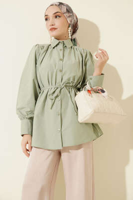 Omuz Büzgülü Kuşaklı Poplin Gömlek Çağla Yeşili - DUFON