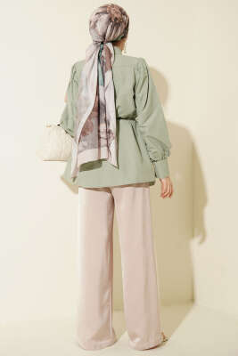 Omuz Büzgülü Kuşaklı Poplin Gömlek Çağla Yeşili - Gömlek