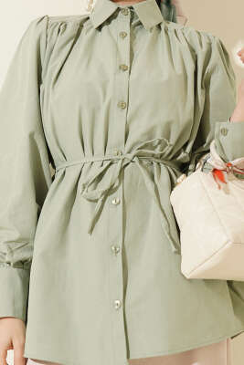 Omuz Büzgülü Kuşaklı Poplin Gömlek Çağla Yeşili - Gömlek