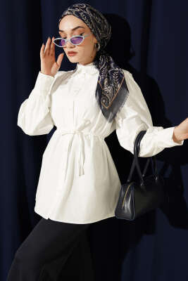 Omuz Büzgülü Kuşaklı Poplin Gömlek Ekru - DUFON