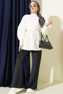 Omuz Büzgülü Kuşaklı Poplin Gömlek Ekru - Gömlek