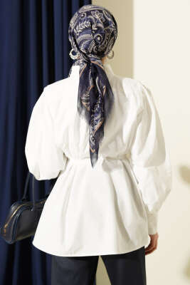 Omuz Büzgülü Kuşaklı Poplin Gömlek Ekru - Gömlek