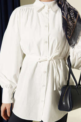 Omuz Büzgülü Kuşaklı Poplin Gömlek Ekru - Gömlek