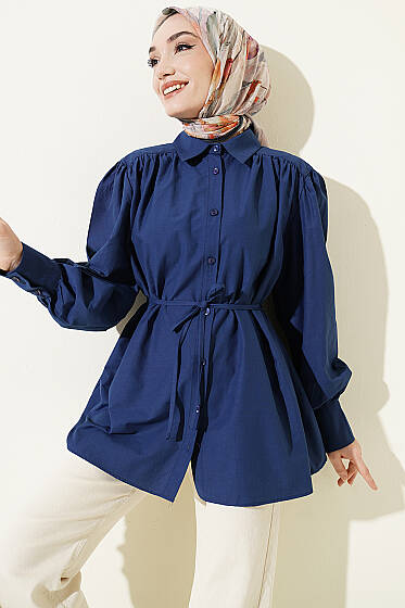 Omuz Büzgülü Kuşaklı Poplin Gömlek Lacivert - Gömlek