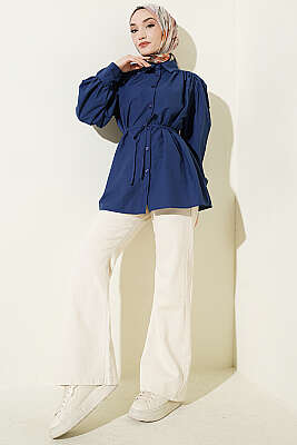 Omuz Büzgülü Kuşaklı Poplin Gömlek Lacivert - Gömlek