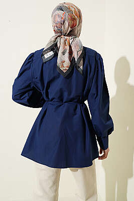 Omuz Büzgülü Kuşaklı Poplin Gömlek Lacivert - Gömlek