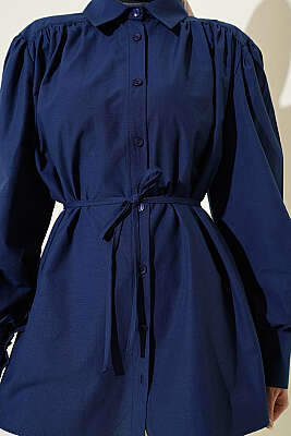 Omuz Büzgülü Kuşaklı Poplin Gömlek Lacivert - Gömlek