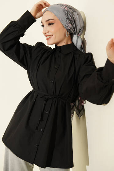 Omuz Büzgülü Kuşaklı Poplin Gömlek Siyah - Gömlek