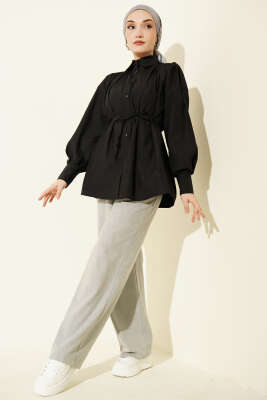 Omuz Büzgülü Kuşaklı Poplin Gömlek Siyah - Gömlek
