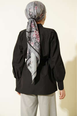 Omuz Büzgülü Kuşaklı Poplin Gömlek Siyah - Gömlek