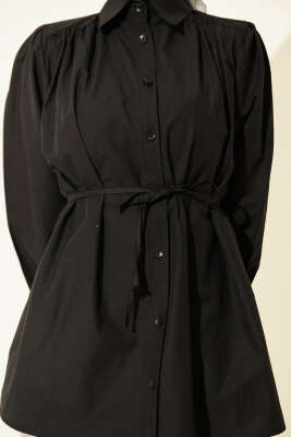 Omuz Büzgülü Kuşaklı Poplin Gömlek Siyah - Gömlek