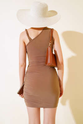 Omuz Büzgülü Mini Elbise Taba - Kadın Giyim Modelleri