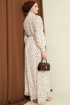 Omuz Büzgülü Puantiyeli Şifon Elbise Bej Kahve - Elbise