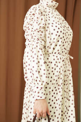 Omuz Büzgülü Puantiyeli Şifon Elbise Bej Kahve - Elbise