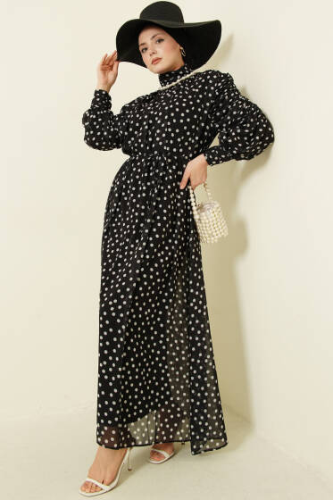 Omuz Büzgülü Puantiyeli Şifon Elbise Siyah - Elbise