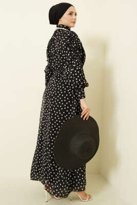 Omuz Büzgülü Puantiyeli Şifon Elbise Siyah - Elbise