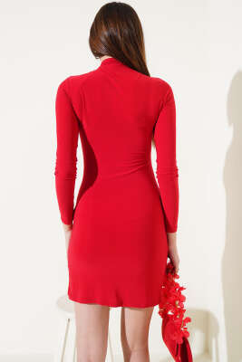 Omuz Büzgülü Uzun Kol Mini Elbise Kırmızı - Kadın Giyim Modelleri
