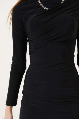 Omuz Büzgülü Uzun Kol Mini Elbise Siyah - Kadın Giyim Modelleri