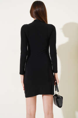 Omuz Büzgülü Uzun Kol Mini Elbise Siyah - Kadın Giyim Modelleri