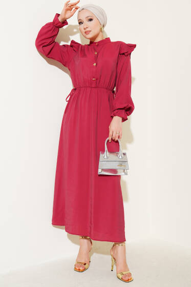 Omuz Büzgülü Yarım Düğmeli Elbise Bordo - Elbise