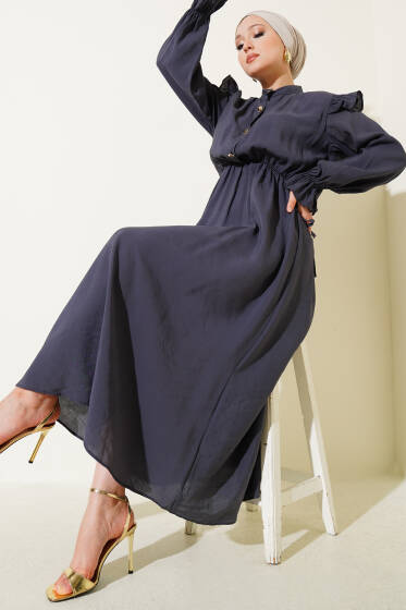 Omuz Büzgülü Yarım Düğmeli Elbise Füme - Elbise
