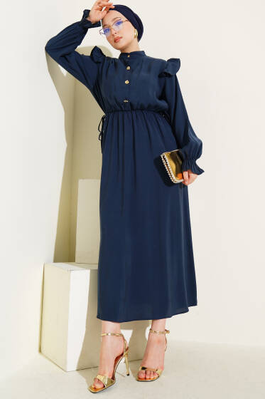 Omuz Büzgülü Yarım Düğmeli Elbise Lacivert - Elbise
