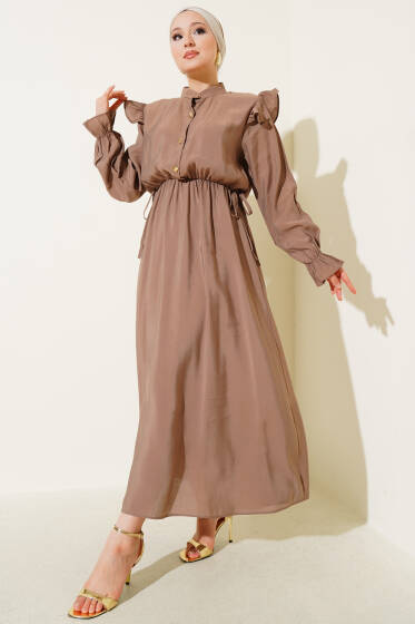 Omuz Büzgülü Yarım Düğmeli Elbise Vizon - Elbise