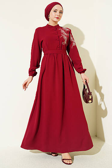 Omuz Çiçek Nakışlı Düğmeli Elbise Bordo - Elbise