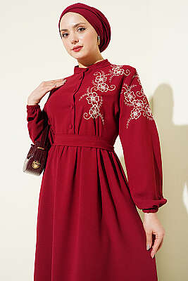 Omuz Çiçek Nakışlı Düğmeli Elbise Bordo - Elbise