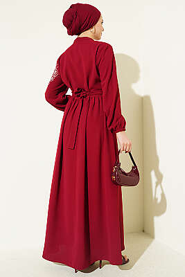 Omuz Çiçek Nakışlı Düğmeli Elbise Bordo - Elbise