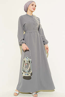 Omuz Çiçek Nakışlı Düğmeli Elbise Gri - ASMİN