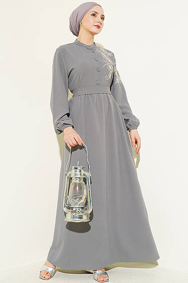 Omuz Çiçek Nakışlı Düğmeli Elbise Gri - Elbise