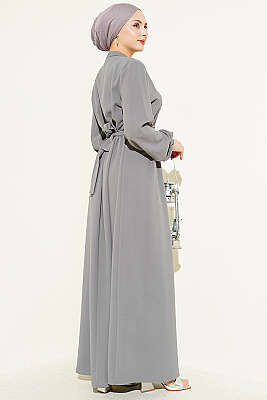 Omuz Çiçek Nakışlı Düğmeli Elbise Gri - Elbise