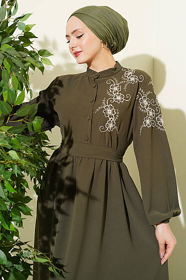Omuz Çiçek Nakışlı Düğmeli Elbise Haki - Elbise