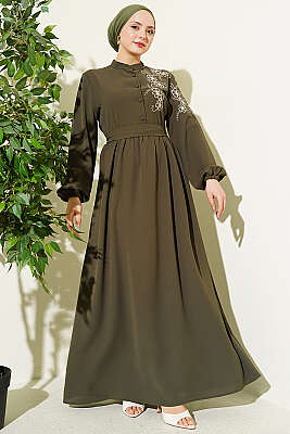 Omuz Çiçek Nakışlı Düğmeli Elbise Haki - Elbise