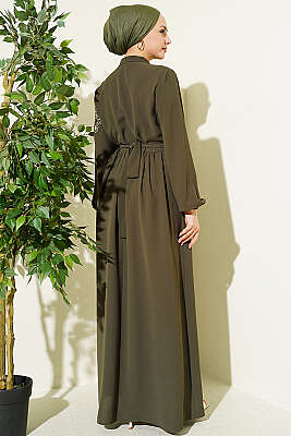 Omuz Çiçek Nakışlı Düğmeli Elbise Haki - Elbise