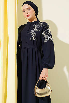Omuz Çiçek Nakışlı Düğmeli Elbise Lacivert 