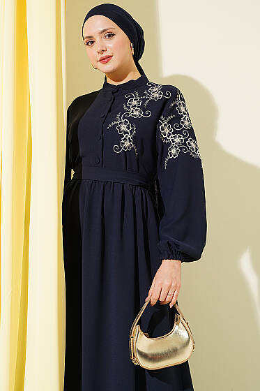 Omuz Çiçek Nakışlı Düğmeli Elbise Lacivert - Elbise